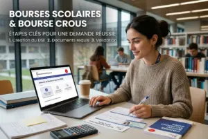 Mulher jovem preenchendo formulário de bolsas de estudo na biblioteca