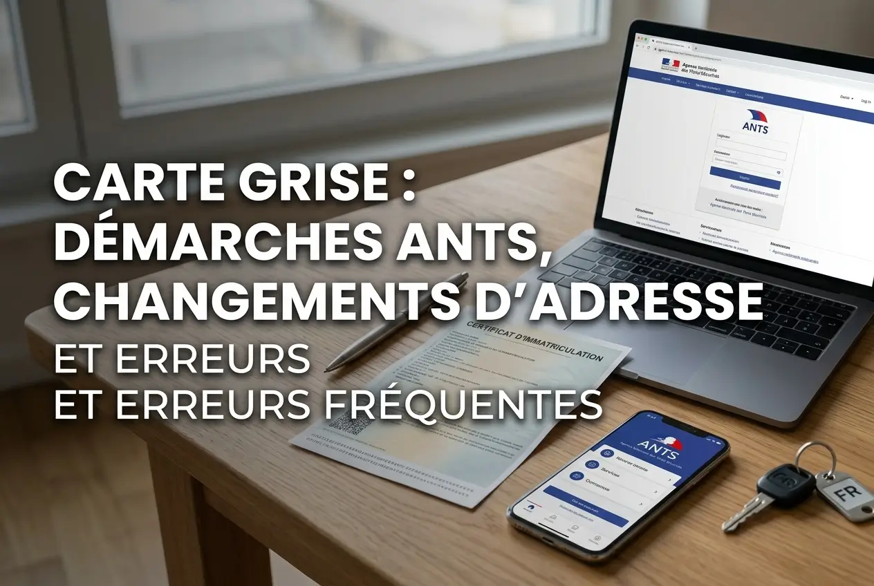 Configuração de mesa com laptop mostrando ANTS, documento, smartphone ANTS e chaves