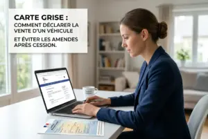 Mulher trabalhando em laptop com documento Carte Grise sobre venda de veículo.