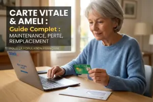 Mulher com Carte Vitale acessando ameli.fr em 2026
