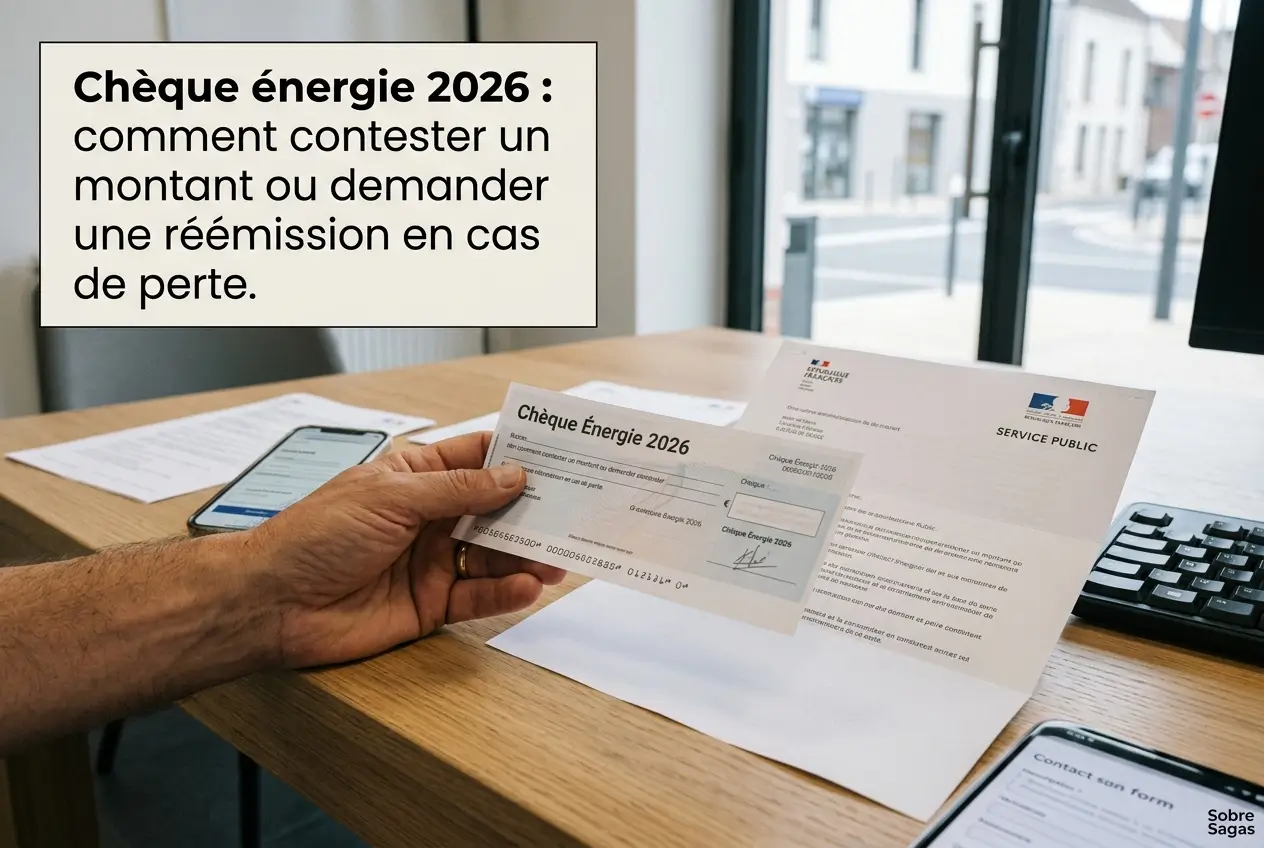Mão segurando Chèque Énergie 2026 sobre mesa