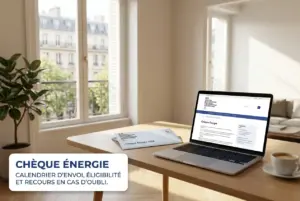 Mesa de trabalho moderna com laptop e documento Chèque Énergie