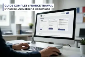Mão digitando em teclado com site 'France Travail' na tela