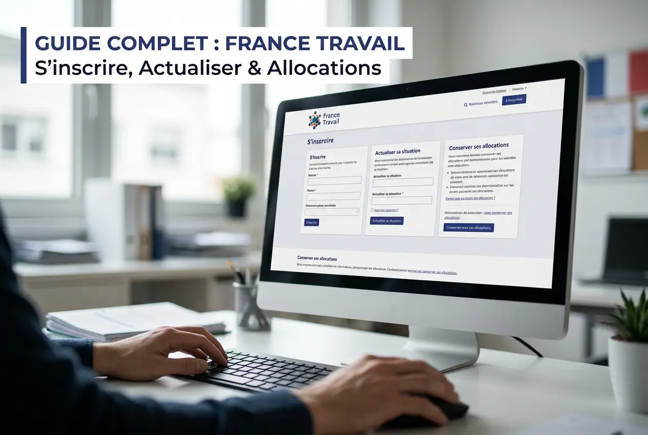 Mão digitando em teclado com site 'France Travail' na tela