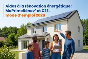 Família feliz discute eficiência energética em casa moderna