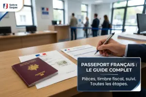 Formulários e passaporte francês em um escritório governamental