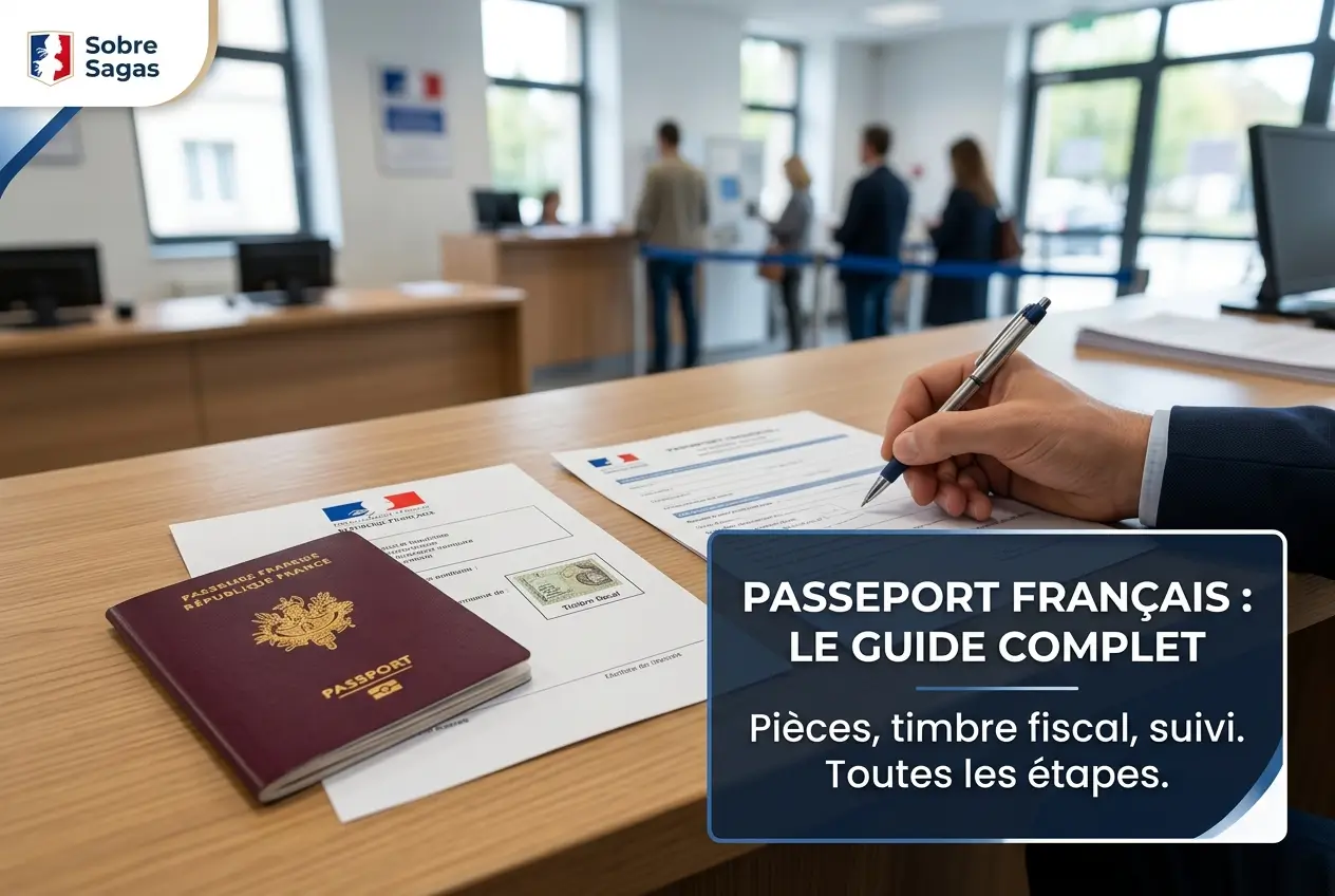 Formulários e passaporte francês em um escritório governamental