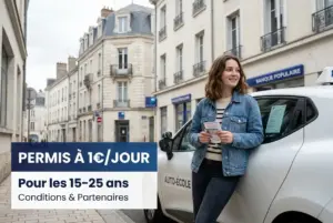 Jovem em autoescola urbana com permissão por 1€ ao dia