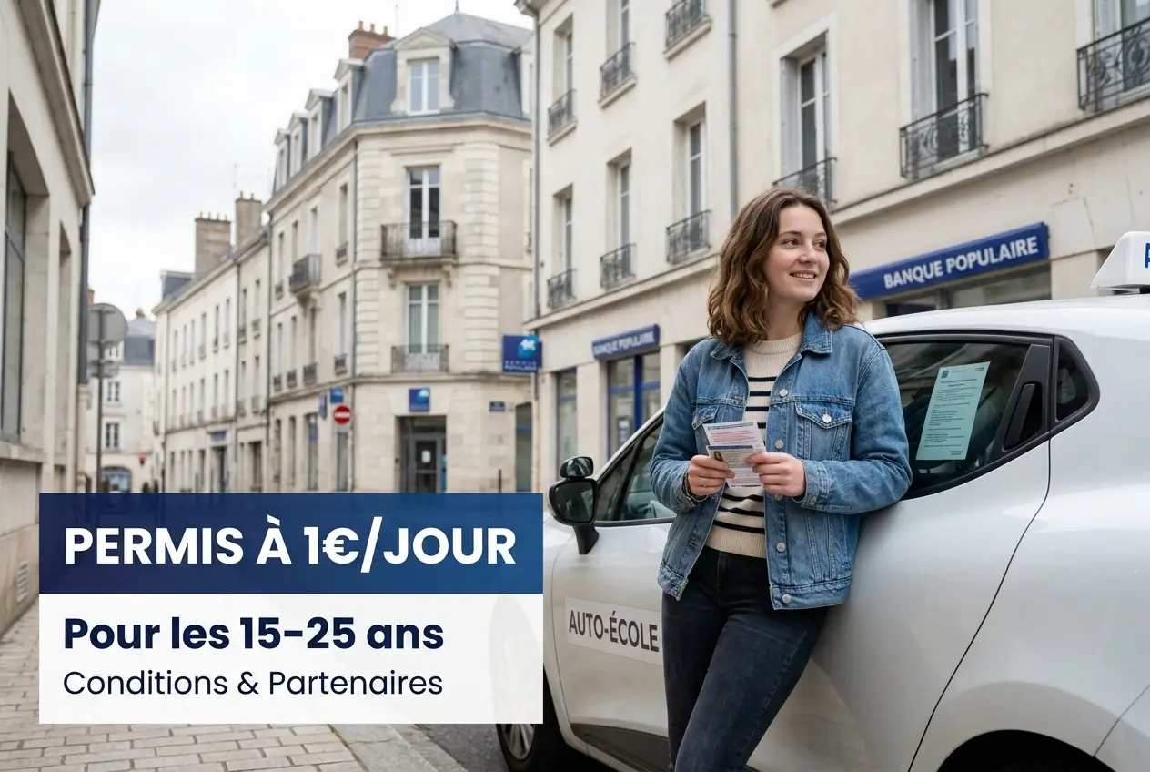 Jovem em autoescola urbana com permissão por 1€ ao dia