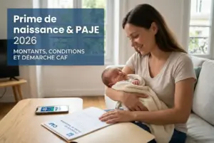 Mulher sorrindo com bebê, app PAJE no celular, documento CAF