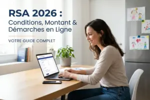 Mulher pesquisa RSA 2026 no laptop com desenhos infantis ao fundo